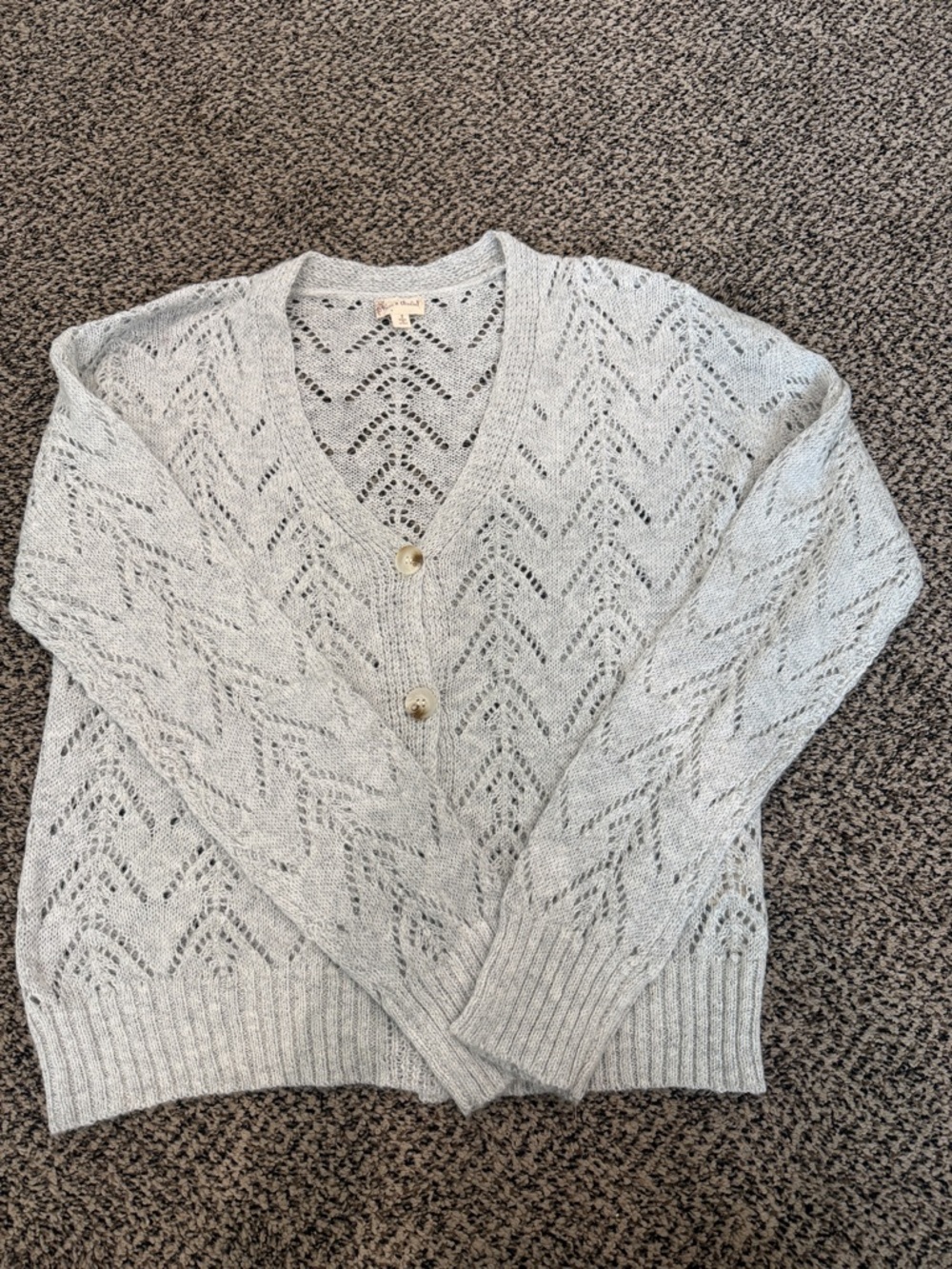 Hem & Thread Light Gray Openwork V-Neck Button Cardigan